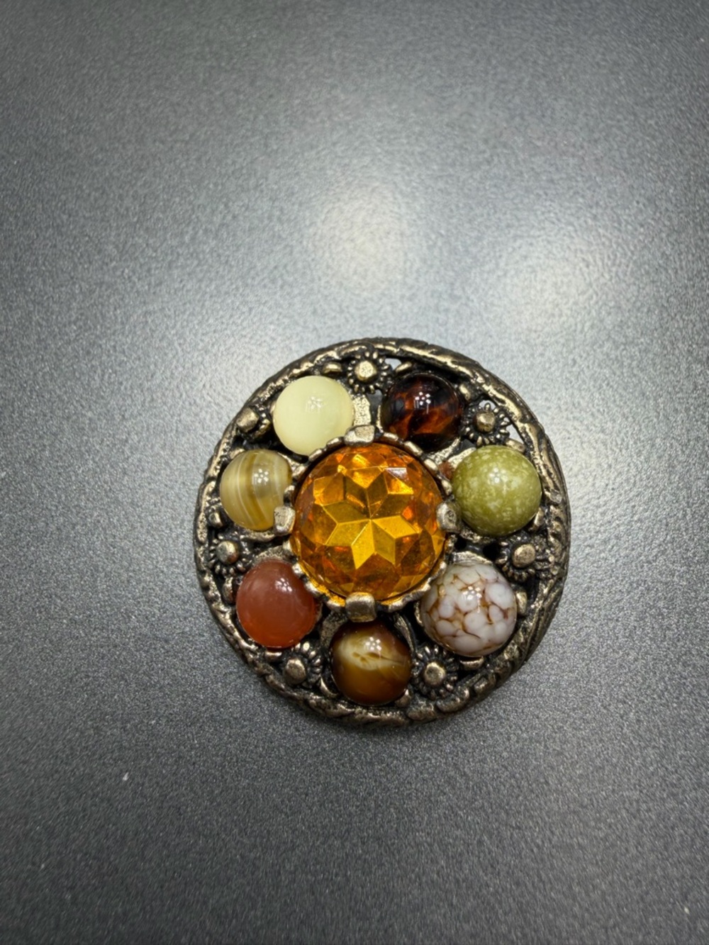 Vintage Miracle Agate and Earth Tone Accents brooch